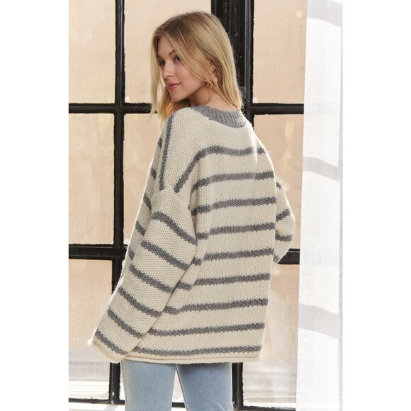 ADORA Horizontally Striped Print Long Sleeves Buttoned Sweater Cardigan | Blue - Picture 5 of 8